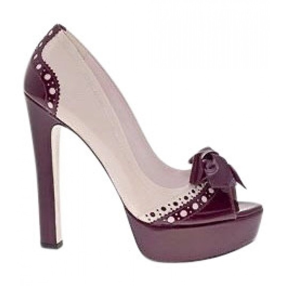 Miu Miu Cream and Burgundy Patent Leather Platform Pumps - Picture 1 of 5